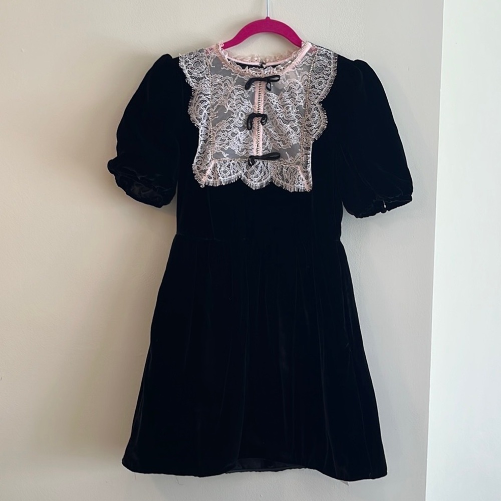SALONI Black Velvet Mini Dress with Cream Lace Bib